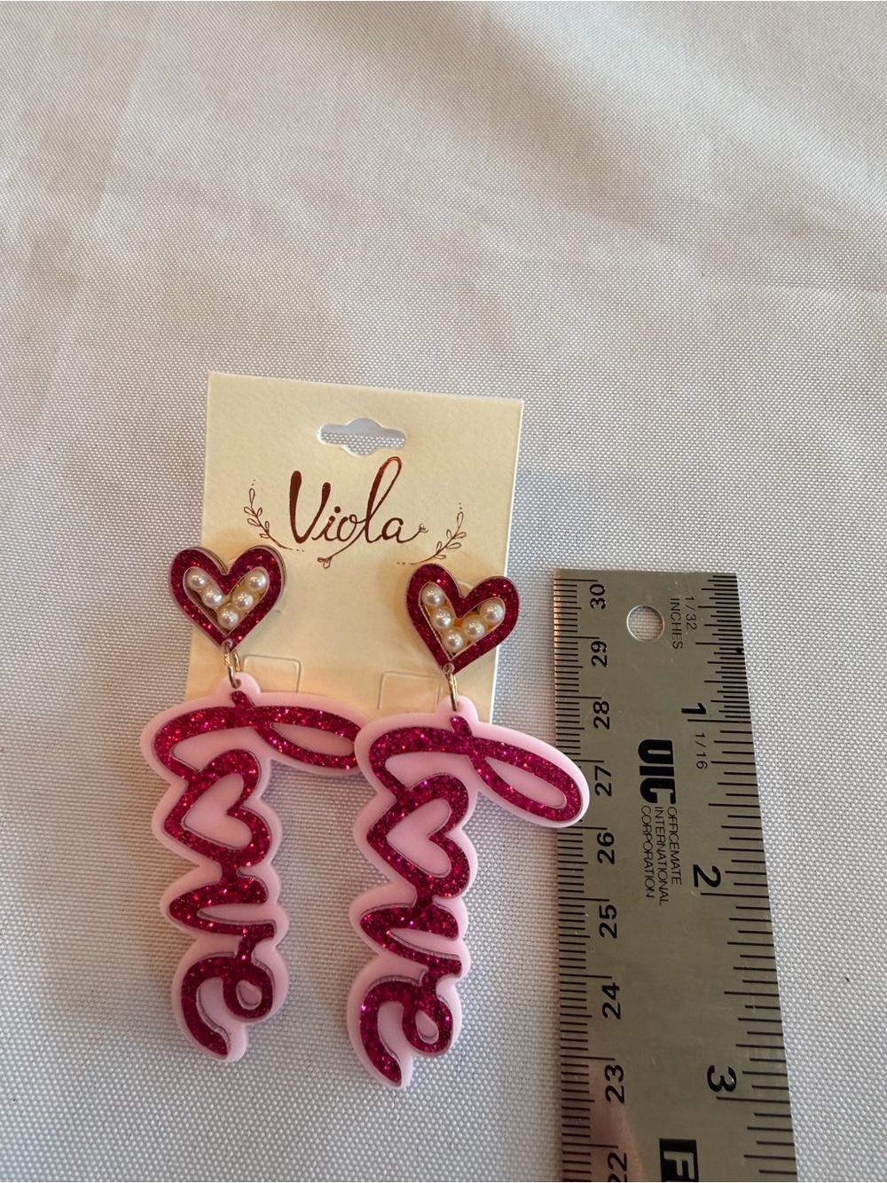 NWT Viola Pink Glitter 'Love' Drop Statement Earrings 3” Long - Picture 4 of 4